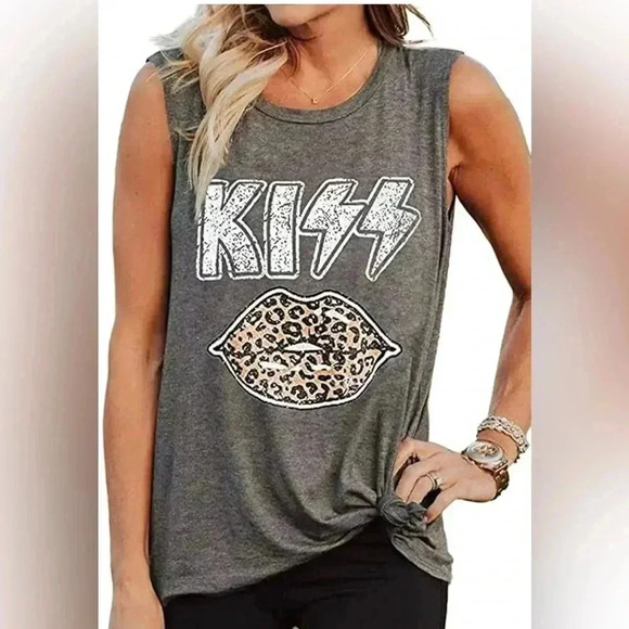 Kiss Graphic Women’s XL Grey Distressed Sleeveless Retro Concert‎ Lips T-Shirt - Picture 1 of 10